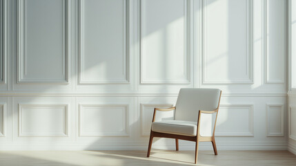 Fototapeta premium A white chair in a room, set against a wainscoting wall. Chair, classic interior, wainscot, wainscoting wall, modern living room