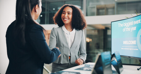 Business women, handshake and smile for b2b, greeting or partnership meeting at event. Happy...
