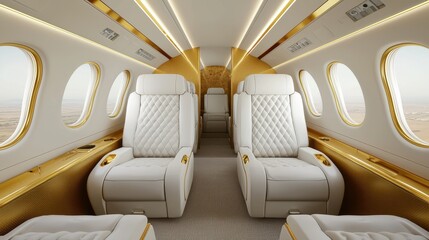 Fototapeta premium Private jet with gold-trimmed interiors and plush white leather seats, [luxury design], [exclusive travel]. ,closes up