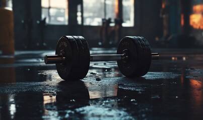 A black dumbbell lays on a wet concrete floor in an industrial gym setting.