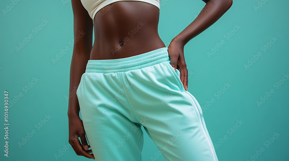 Poster Isolated on color background with side space for letters womans side profile showing waist and hips with hands resting on her waist wearing teal exercise pants to emphasize smooth skin and strength