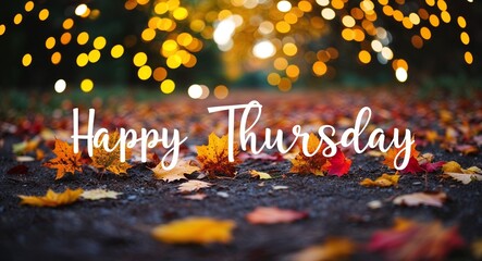 happy Thursday lettering on autumn nature concept blurred lights bokeh background