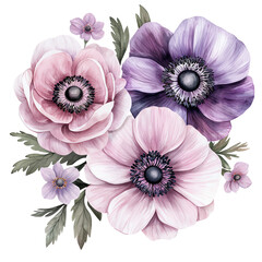Beautiful floral arrangement with pink and purple flowers. transparent background