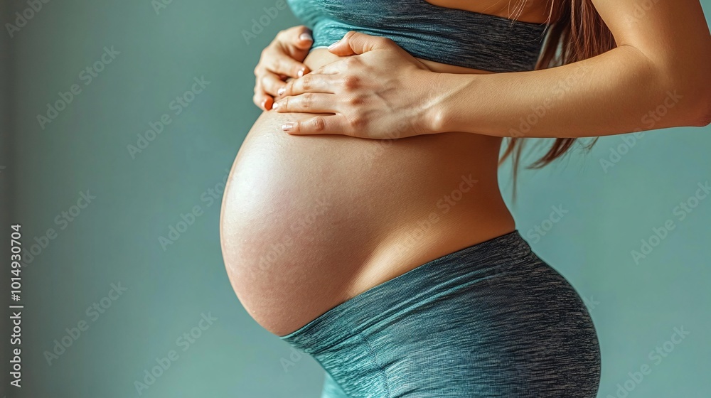 Poster Isolated on color background with side space for letters womans side profile showing waist and hips with hands resting on her waist wearing teal exercise pants to emphasize smooth skin and strength