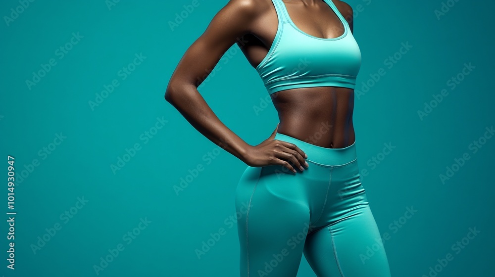 Poster Isolated on color background with side space for letters close-up shot of a womans waist while holding a fitness pose highlighting smooth skin and strong muscle definition in teal activewear Stock