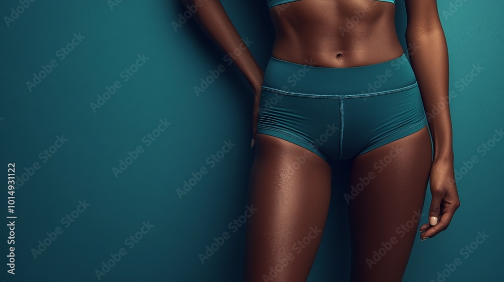 Poster Isolated on color background with side space for letters close-up shot of a womans waist while holding a fitness pose highlighting smooth skin and strong muscle definition in teal activewear Stock