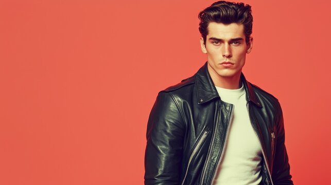 Classic 50s leather jacket and cuffed jeans paired with slicked-back hair, [vintage fashion], [timeless greaser style].  ,closes up