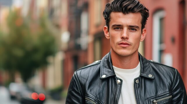 Classic 50s leather jacket and cuffed jeans paired with slicked-back hair, [vintage fashion], [timeless greaser style].  ,closes up