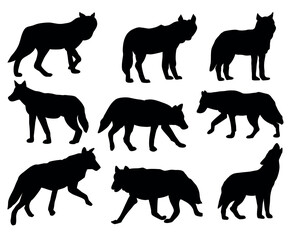 Wolf Mammal Animal Vector Silhouette Set Isolated on White Background