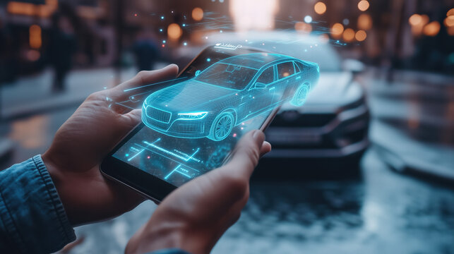 Innovative Ride Payment Technology: A Person Using an App to Pay for a Ride-Share Service with a Hologram Display of the Car and Payment Confirmation Above the Smartphone