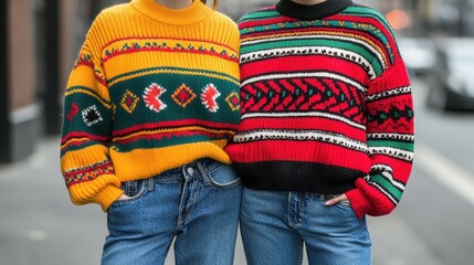 Classic 80s acid wash jeans paired with bold graphic sweaters, [vintage fashion], [denim street style comeback].  ,closes up