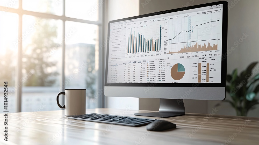 Poster Photorealistic with side space for letters a large desktop monitor showing financial metrics and charts with a coffee mug placed beside it on a tidy office desk Stock Photo with copy space