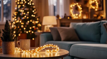 Cozy Christmas Living Room with Sparkling Fairy Lights