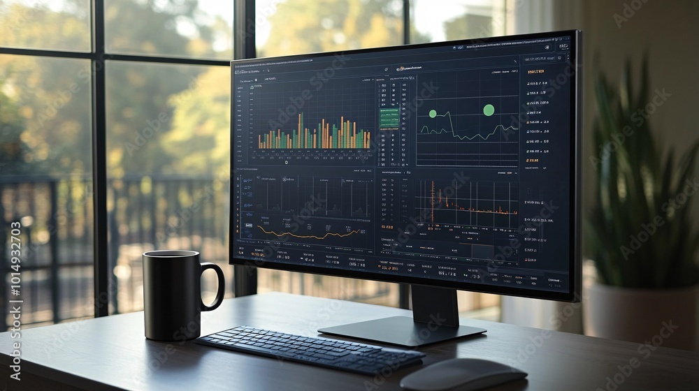 Poster Photorealistic with side space for letters a large desktop monitor showing financial metrics and charts with a coffee mug placed beside it on a tidy office desk Stock Photo with copy space