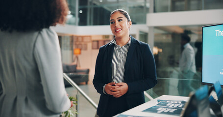 Business women, convention and smile for b2b, greeting or partnership meeting at event. Happy...