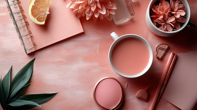 pink backgrounds, supplies on a desk, serve as visual elements to complement other content