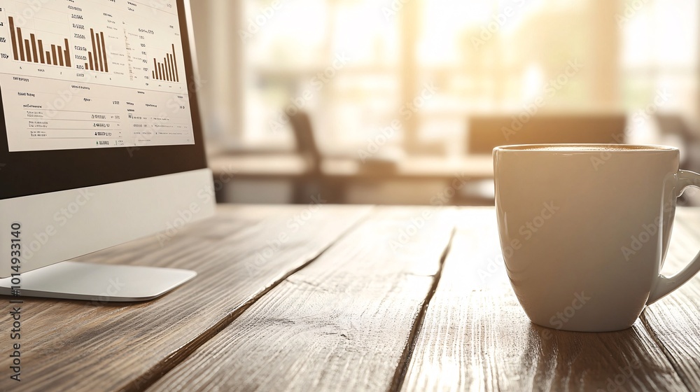 Poster Photorealistic with side space for letters financial health dashboard with graphs and analytics on a desktop computer with a coffee cup on a wooden desk in a professional workspace Stock Photo with