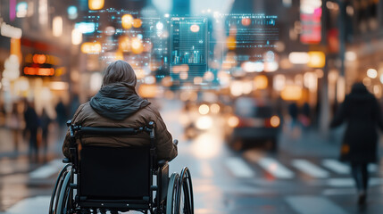 Obraz premium High-Tech Smart Wheelchair with Holographic Navigation Overlay Assisting a User in Maneuvering Through a Bustling Urban Landscape