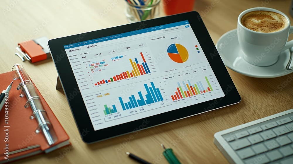 Poster Photorealistic with side space for letters tablet showing a financial health dashboard with pie charts and analytics on a desk alongside a hot coffee and stationery items Stock Photo with copy space