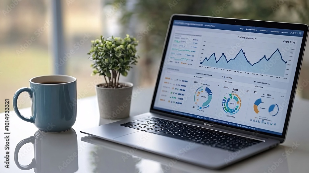 Poster Photorealistic with side space for letters personal finance dashboard with detailed charts on a laptop next to a coffee mug and small potted plant on a clean desk Stock Photo with copy space