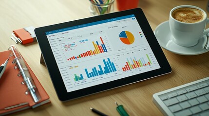 Photorealistic with side space for letters tablet showing a financial health dashboard with pie charts and analytics on a desk alongside a hot coffee and stationery items Stock Photo with copy space