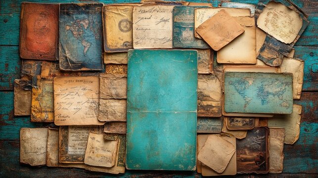 Vintage postcards spread out on a table, shot from above, emphasizing the nostalgia and travel theme 