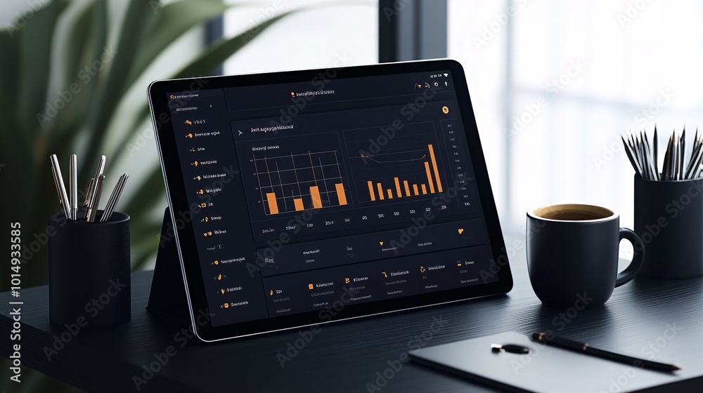 Poster Photorealistic with side space for letters a digital dashboard showing savings and expenses on a tablet on a desk with a coffee cup and neatly arranged pens Stock Photo with copy space