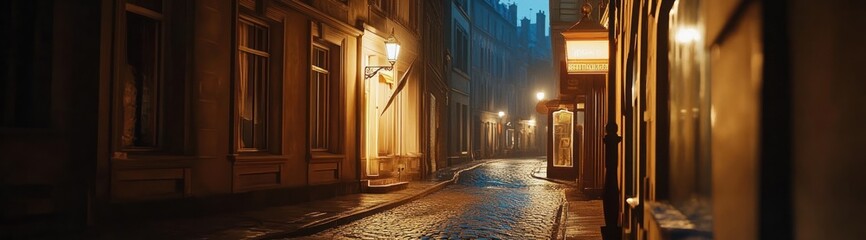 Fototapeta premium A narrow, cobblestone street in a European city at night. Streetlights illuminate the buildings and the wet pavement.