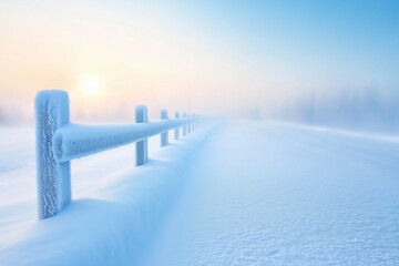Fototapeta premium Frost-covered fence along a snowy pathway during a serene winter morning
