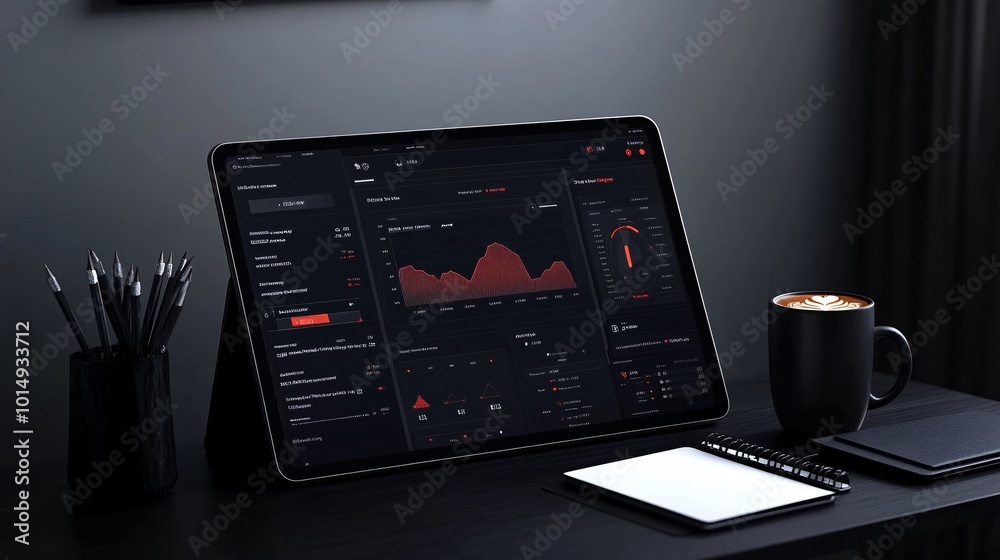 Aufkleber Photorealistic with side space for letters finance summary dashboard on a tablet propped up on a modern desk with a hot coffee cup and a notebook beside it Stock Photo with copy space