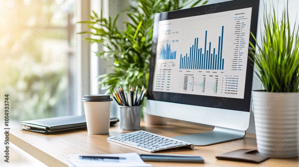 Poster photorealistic with side space for letters detailed financial health charts displayed on a desktop m
