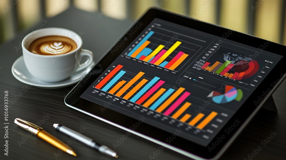 Poster photorealistic with side space for letters personal finance dashboard with colorful graphs on a tabl
