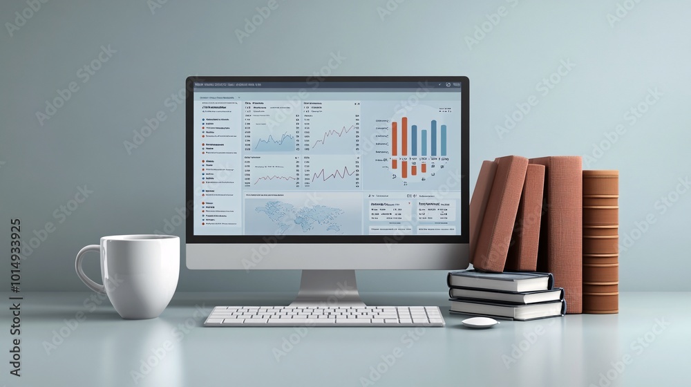 Poster Photorealistic with side space for letters personal budget tracking dashboard on a desktop monitor with a coffee cup and a stack of books neatly placed beside it Stock Photo with copy space