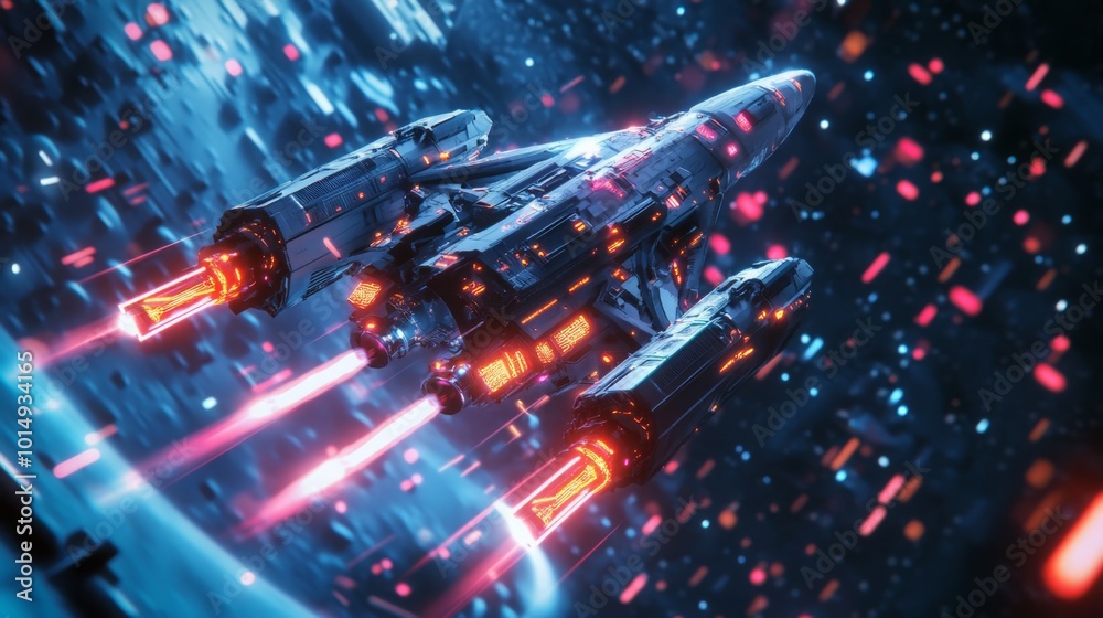 Fototapete A futuristic spaceship with glowing red engines is flying through space. The spaceship is surrounded by a field of glowing particles, some blue and some red. The background is dark and starry.