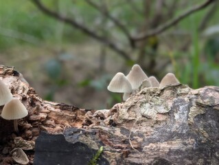 Bonnet mushrooms (Mycena) in a British woodland in autumn
