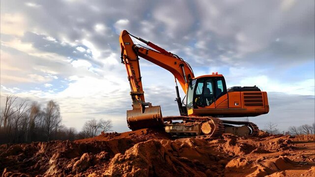 An orange excavator is positioned on a construction site, with a cloudy sky and dirt piles in the background.