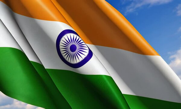 3D render of indian flag waving in wind with blue sky for National Independence Day