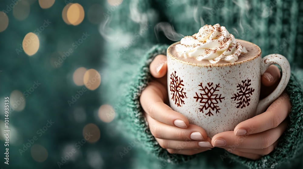 Poster isolated on christmas green color background with side space for letters hands holding a festive dri