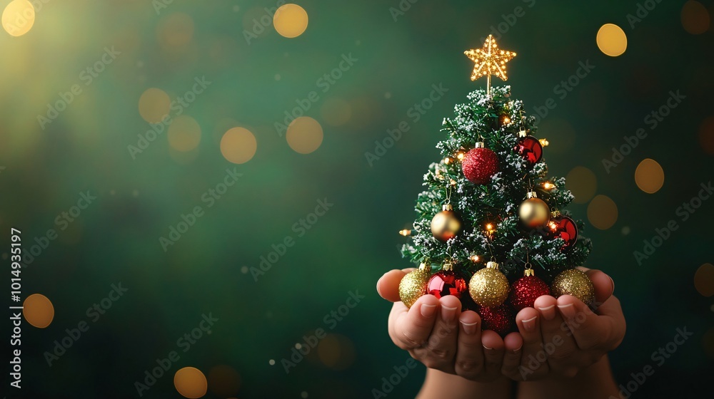 Poster isolated on christmas green color background with side space for letters a person holding a mini chr