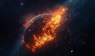 A fiery planet in space with flames erupting from its surface.