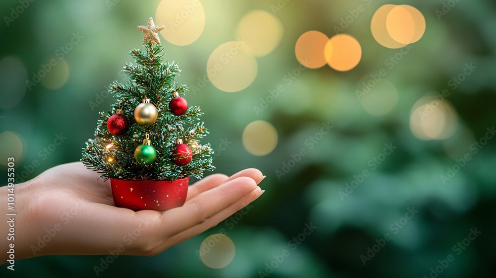 Poster isolated on christmas green color background with side space for letters a person holding a mini chr