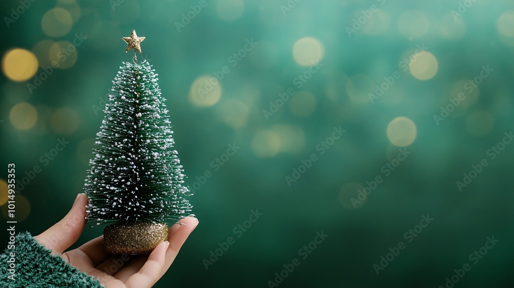 Poster isolated on christmas green color background with side space for letters a person holding a mini chr
