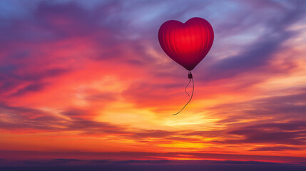 Fototapeta premium A red heart-shaped balloon floats against a stunning sunset, with warm orange, pink, and purple hues contrasting beautifully with its vibrant color. The ribbon sways gently, creating a dreamy