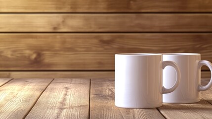 White Coffee Mugs on Wooden Table