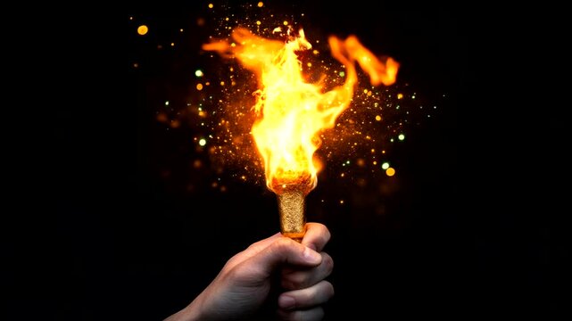 a hand hold fire torch on dark background video animation background looping seamless 4k quality 