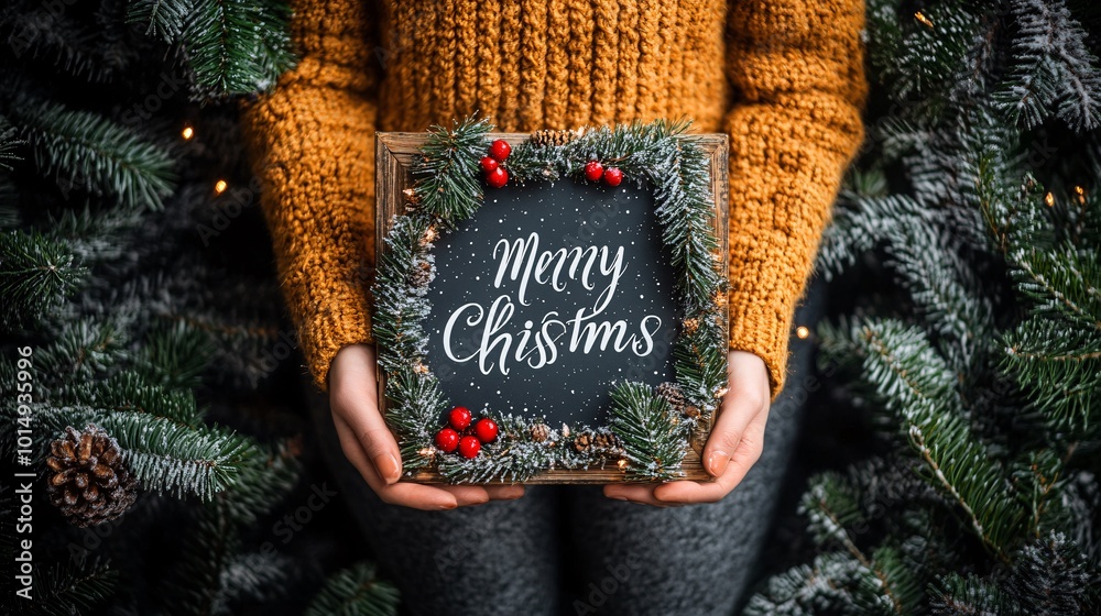 Poster Isolated on Christmas green color background with side space for letters hands holding a holiday greeting signboard with Merry Christmas written in elegant white script Stock Photo with copy space