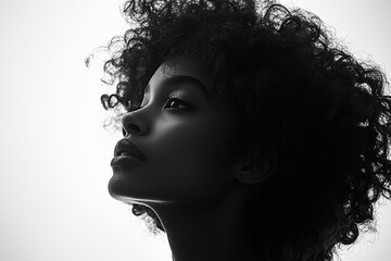 A black silhouette of an African American woman with curly hair, standing against a white background The figure is centered and in profile view, showcasing her graceful posture