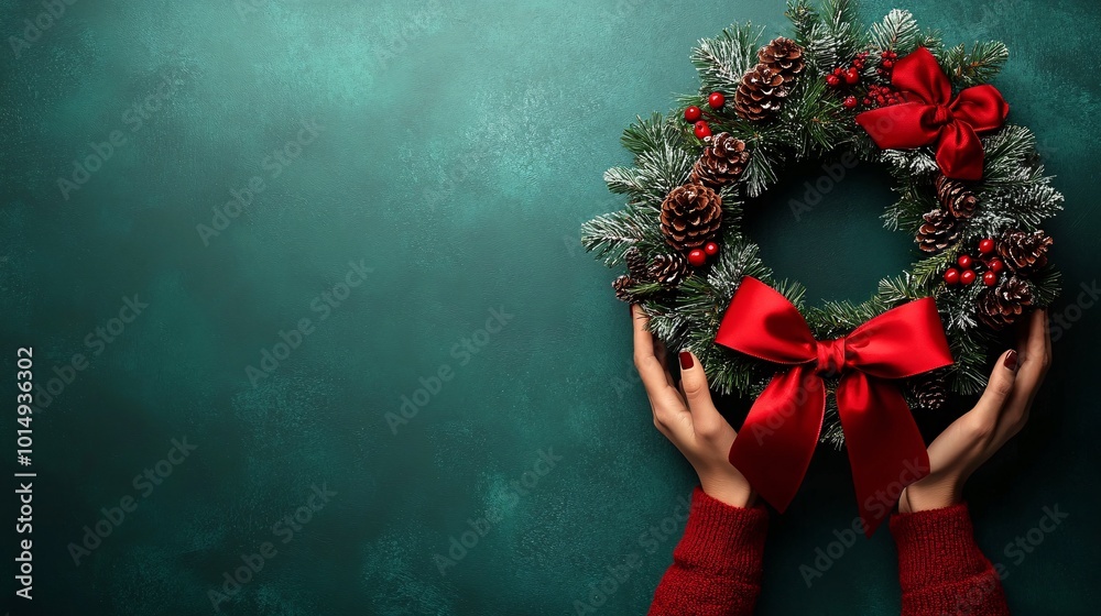 Poster isolated on christmas green color background with side space for letters a person holding a traditio