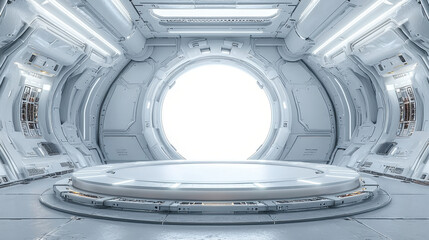 Futuristic podium,  A blank mech-style circular podium, elevated and flat-topped, situated in a sterile white environment, ideal for displaying futuristic gadgets or awards during a