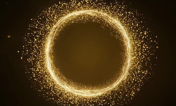 Christmas Golden circle round frame Portal with glowing golden sparkles and glitter particles on black background with golden bokeh, VFX